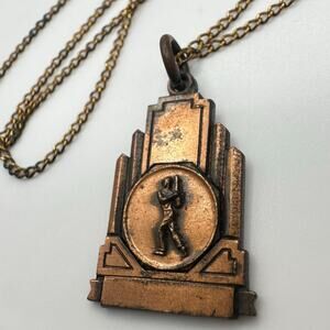L&C antique Art Deco 1930s copper baseball medal pendant 18" chain necklace